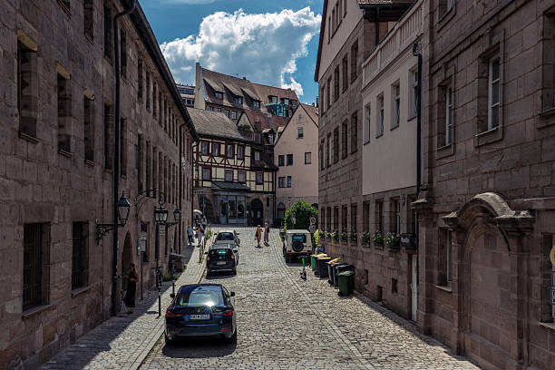This is an old town street with traditional architecture in the center of the city on August 15, 2022 in Nuremberg, Germany