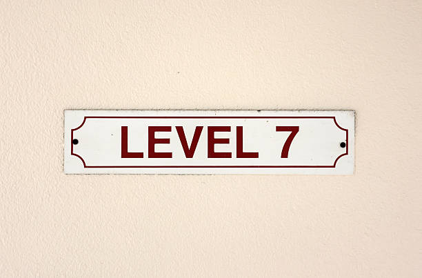 istock Level 7 sign in bold red letters attached to a cream coloured wall 2244412607