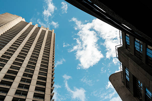 istock Brutalist barbican estate architecture against blue sky 2244413818