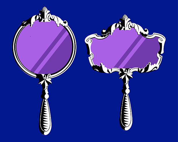 Two decorative retro hand mirrors in white and black colors isolated on blue background. Drawing in flat style. Vector illustration