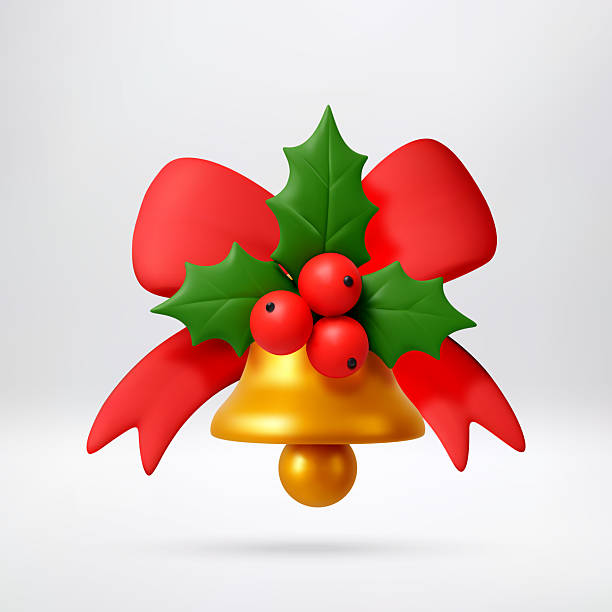 istock 3D Golden Christmas bell with red bow and holly. 2244414517