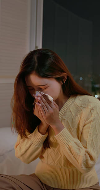 istock Asian female get cold sneezing at home 2244416747