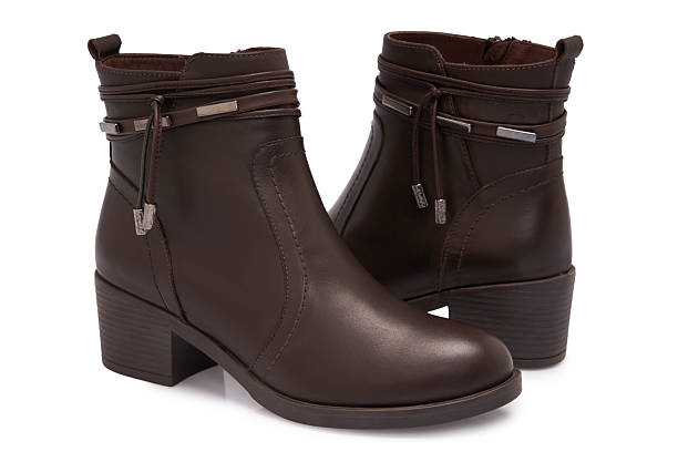 Brown Leather High Heels Women's Boots On White Background