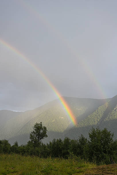 Picturesque double rainbow in the sky above a wooded mountain range