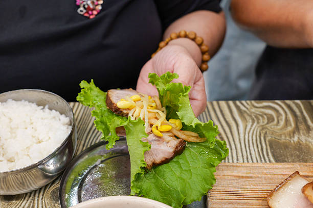Sliced roast pork for dinner in a restaurant in Jeju Island.