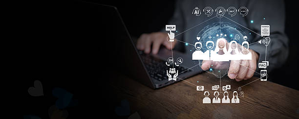 istock Businessman using laptop with customer support system, CRM digital service, feedback and FAQ AI automation for improving customer satisfaction and communication efficiency. 2244427071