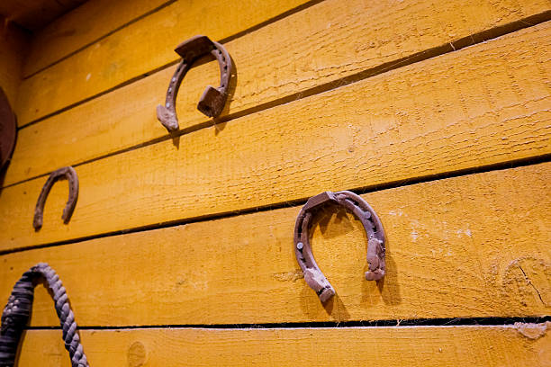 A set of old metal horseshoes displayed on a warm yellow wooden barn interior, including single and clustered pieces nailed or hanging on beams, with aged patina and cobwebs that emphasize rural craftsmanship and folk good‑luck symbolism.
