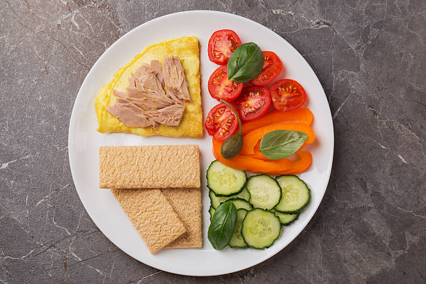 istock Harvard plate with omelette, tuna, vegetables, whole grain chips on dark table. Balanced Harvard breakfast plate. 2244432142