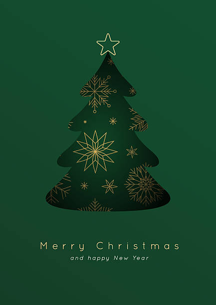 istock Vector dark green minimalistic christmas greeting card with cut out christmas tree with yellow snowflakes and stars 2244432991