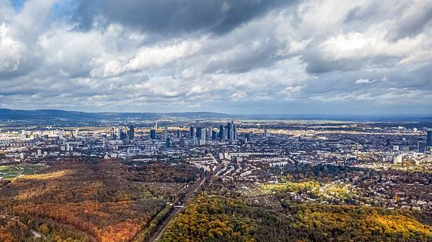 Frankfurt skyline and Taunus mountains under dramatic clouds