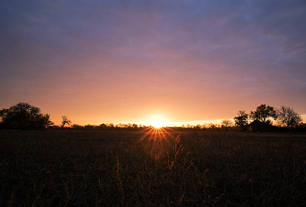istock Golden sunset over rural field with glowing sun rays and dramatic cloudy sky 2244441374