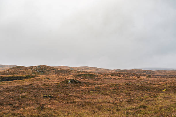 Glencoe moorland landscape with dry grasses and hills under a cloudy sky