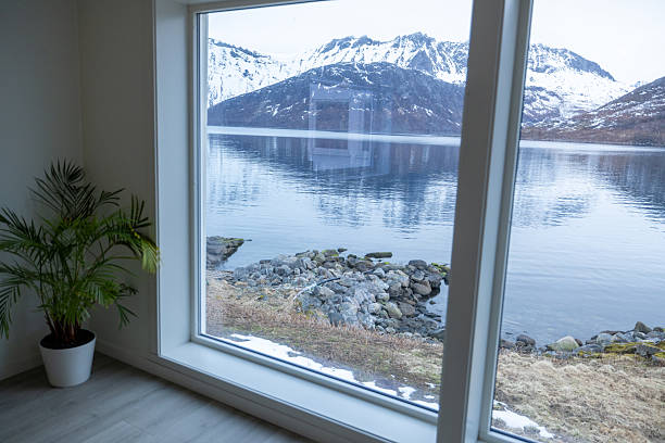 Scenic view through large window showing rocky shore and calm lake with snow-covered mountains. Interior plant and floor visible. Peaceful nature scene from inside a modern home.
