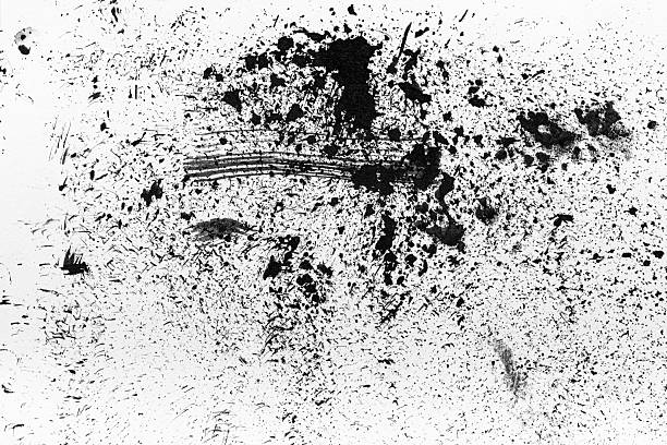 Monochrome abstract background featuring black ink splatter and smudges on white, conveying chaos, energy, and grunge texture suitable for artistic, editorial, or design projects.