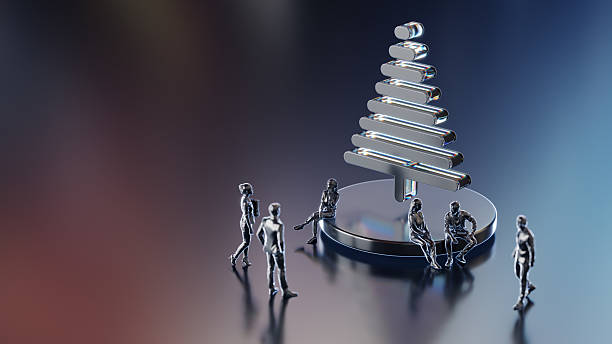 A polished metal Christmas tree sculpture sits on a circular pedestal, surrounded by small figures, conveying community, celebration, and modern art in a sleek, futuristic setting.