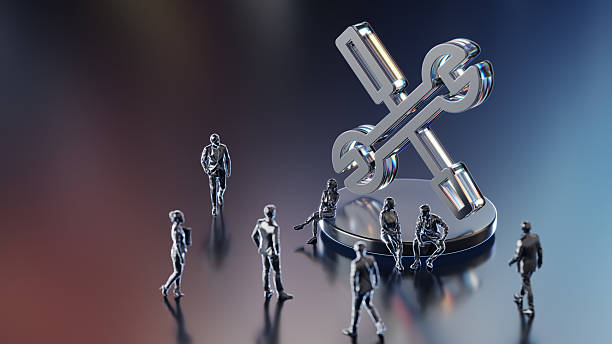 A futuristic scene shows small business people standing around 3d icon of interlocked wrench and screwdriver on a circular pedestal, symbolizing service support, maintenance and improvement concepts