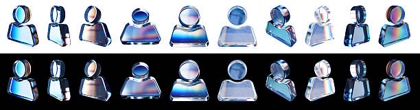 Set of 3d transparent glossy user with dispersion effect. Rainbow colors reflection glass.3d glass avatar icon with crystal dispersion effect.Abstract empty glassy user icon with prism holographic