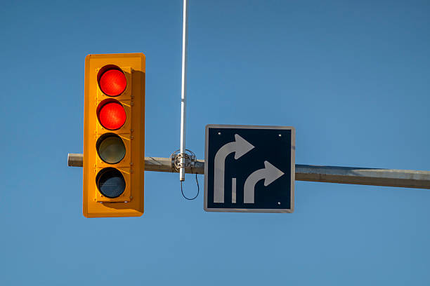 istock Red traffic light and dual right-turn arrows on a horizontal pole over a clear blue sky at an intersection. 2244465880
