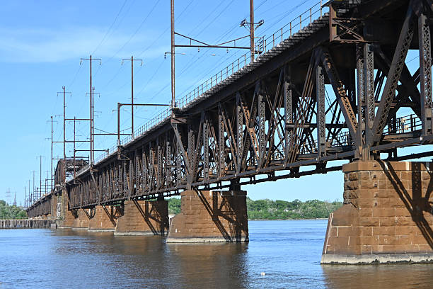 istock Industrial Truss Railroad Bridge Spanning a River Under a Clear Blue Sky, Highlighting the Steel Architecture, Utility Lines, and Surrounding Landscape on a Sunny Day 2244466061