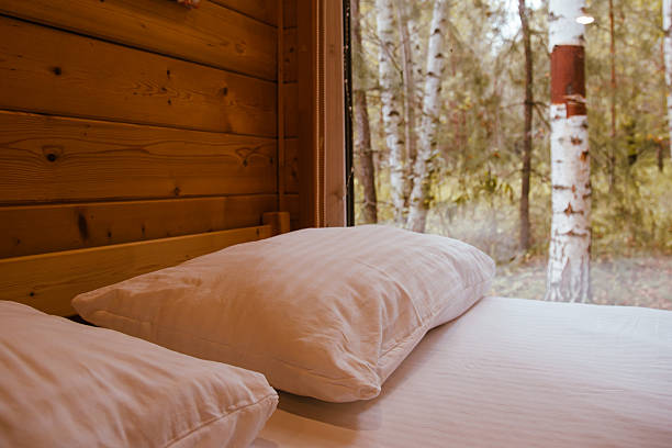 istock Cozy Cabin Bedroom with Forest View Through Large Window 2244471843