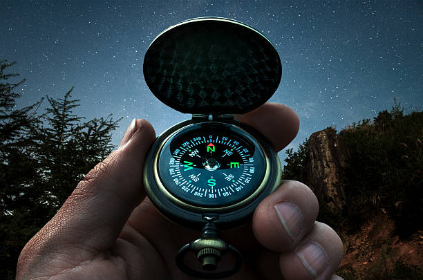 Using a compass to find direction in the wilderness at night