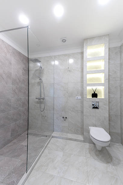 istock Modern Home Bathroom With Elegant Shower and Modern Toiletry Shelving 2244474268