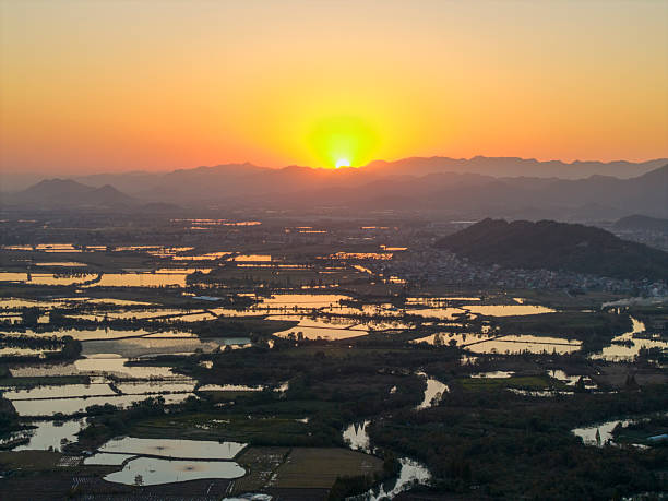 Captivating aerial perspective of sunset illuminating paddy fields, showcasing rural tranquility and agricultural beauty. The warm hues create a serene atmosphere, ideal for travel or nature-themed projects.