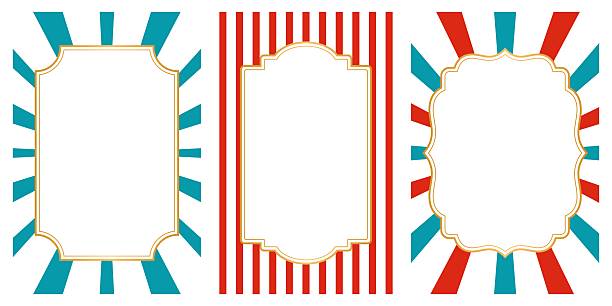 Retro Circus and Carnival Label Set . Vintage Decorative Frames with Stripes and Sunburst Backgrounds for Posters, Tickets and Packaging Design