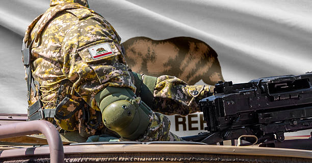 California US state flag with soldier at machinegun turret