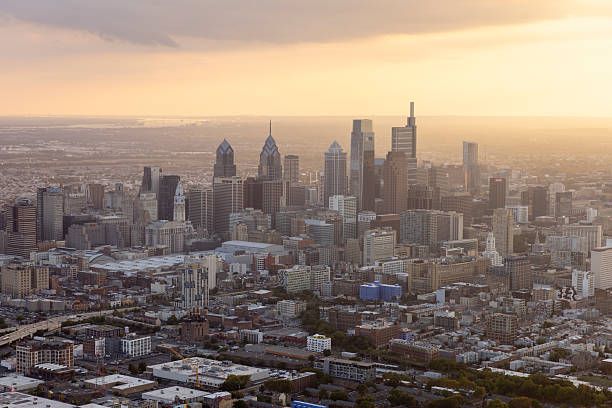 Sunset aerials of Philadelphia, Pennsylvania.