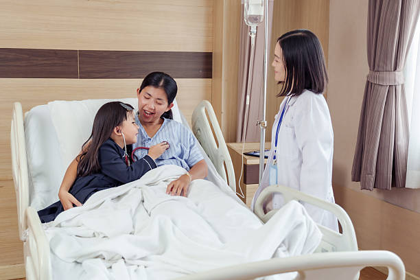 istock Female patient lying in hospital bed with daughter playing doctor using stethoscope while female doctor watches representing warm family interaction and child-friendly healthcare environment 2244484088