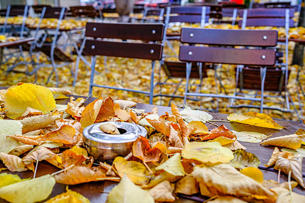 empty tables and chairs in a beer garden in Germany during the Corona pandemic