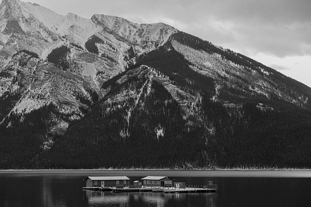 Unfrozen lake lake Minnewanka in Alberta, Canada during november.