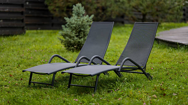 istock Two modern lounge chairs on a green lawn, ready for relaxation 2244487538