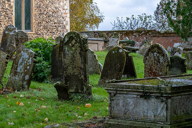 Human grave yard with some tombstones, fear, spooky, horror.  Creepy, monochrome color ,  Focus on the stones. Noise. Exposure. Similar others