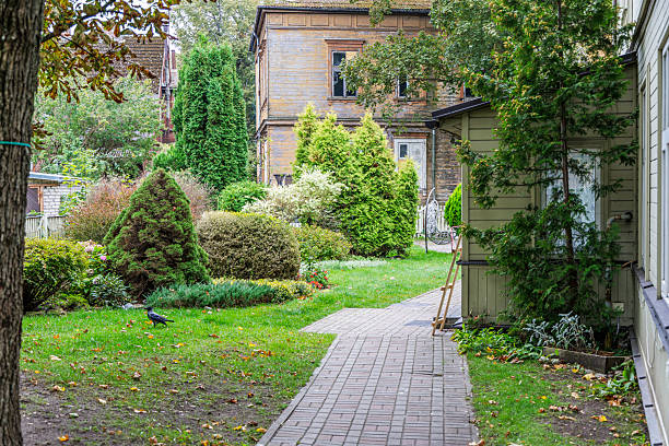 A paved path leads through a lush, landscaped backyard garden featuring various evergreens and a historic, weathered yellow wooden house in the background.