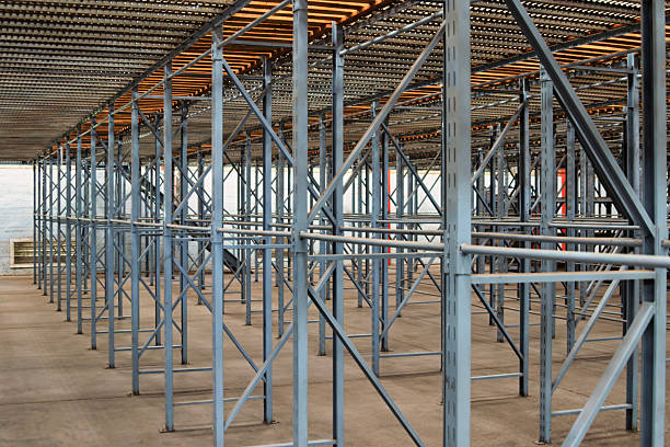 industrial metallic shelfs, in a warehouse, heavy duty, empty no people, cement floor