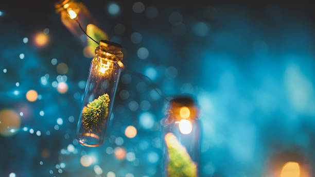 Mini Christmas tree in glass bottle with glowing bokeh lights, creative holiday decoration background for winter celebration, festive atmosphere with warm light and magic feeling, Christmas concept