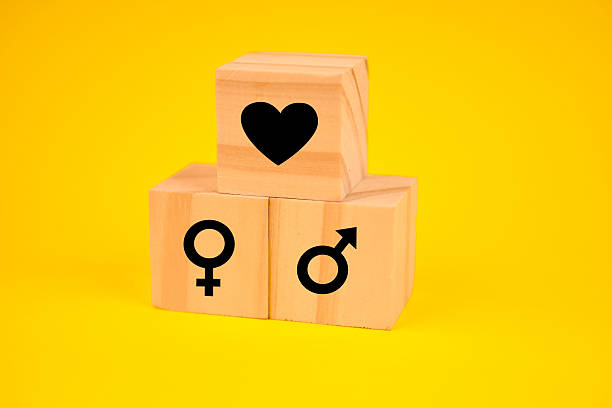 istock Three blocks with male and female symbols supporting a heart, representing partnership, respect and gender equality. 2244493445