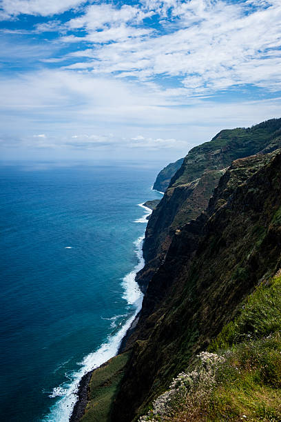 istock Volcanic coastline with vertical cliff and waves crushing 2244494069