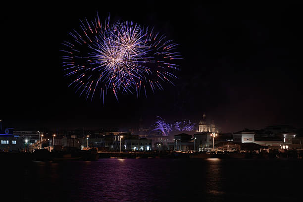 Fireworks over St. Lawrence River in Quebec City view From Levis, Quebec, Canada