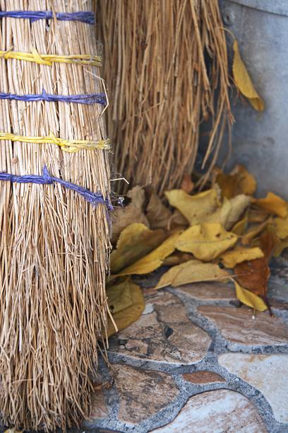 Fallen autumn leaves outdoors with broom nearby, close-up view, Copy Space for seasonal cleaning concept.