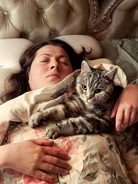 istock Woman sleeping peacefully in bed with a cozy cat 2244502186