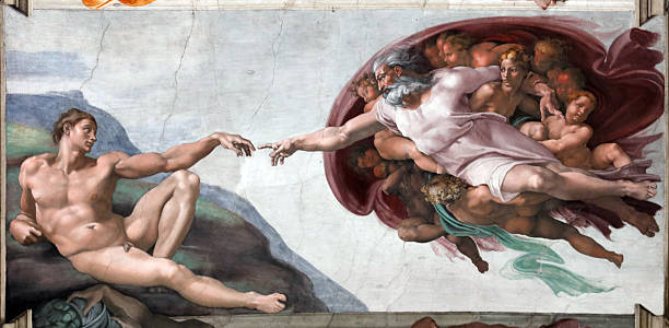 Vatican City - Oct 28, 2025: The Creation of Adam painting on the ceiling of the Sistine Chapel in Vatican City. The Creation of Adam is a fresco by Michelangelo.