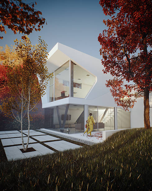 Side view of traditional two -story design house simple and cozy made of pine and cedar wood and recycled materials and copy space. Traditional architecture. 3D Render.