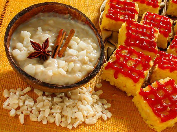 canjica ,brazilian corn pudding, topped with melted guava paste