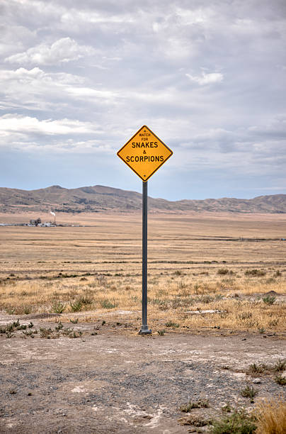 Bonneville Salt Flats region, Utah, United States – August 26, 2025: A warning sign for snakes and scorpions at a rest stop along Interstate 80 between Salt Lake City and Wendover