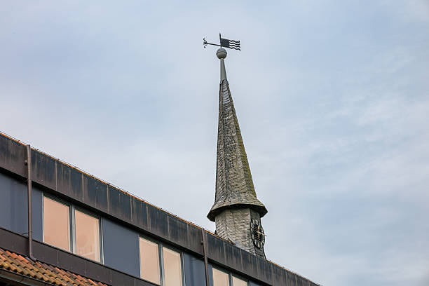 A detailed view of a weather vane perched on a rooftop, showcasing intricate metalwork and a classic design.