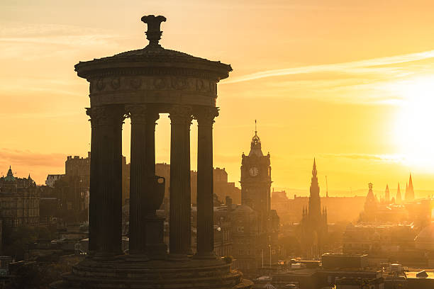 Edinburgh at sunset aerial skyline from Calton Hill capital city of Scotland UK United Kingdom