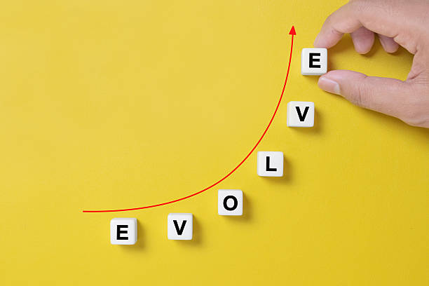 istock Dice on yellow background with word EVOLVE and copy space for your text 2244543436